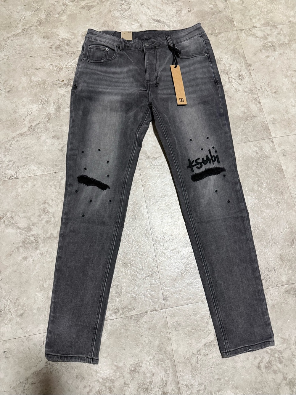 Ksubi Men's Distressed Dark Gray Slim Straight Jeans